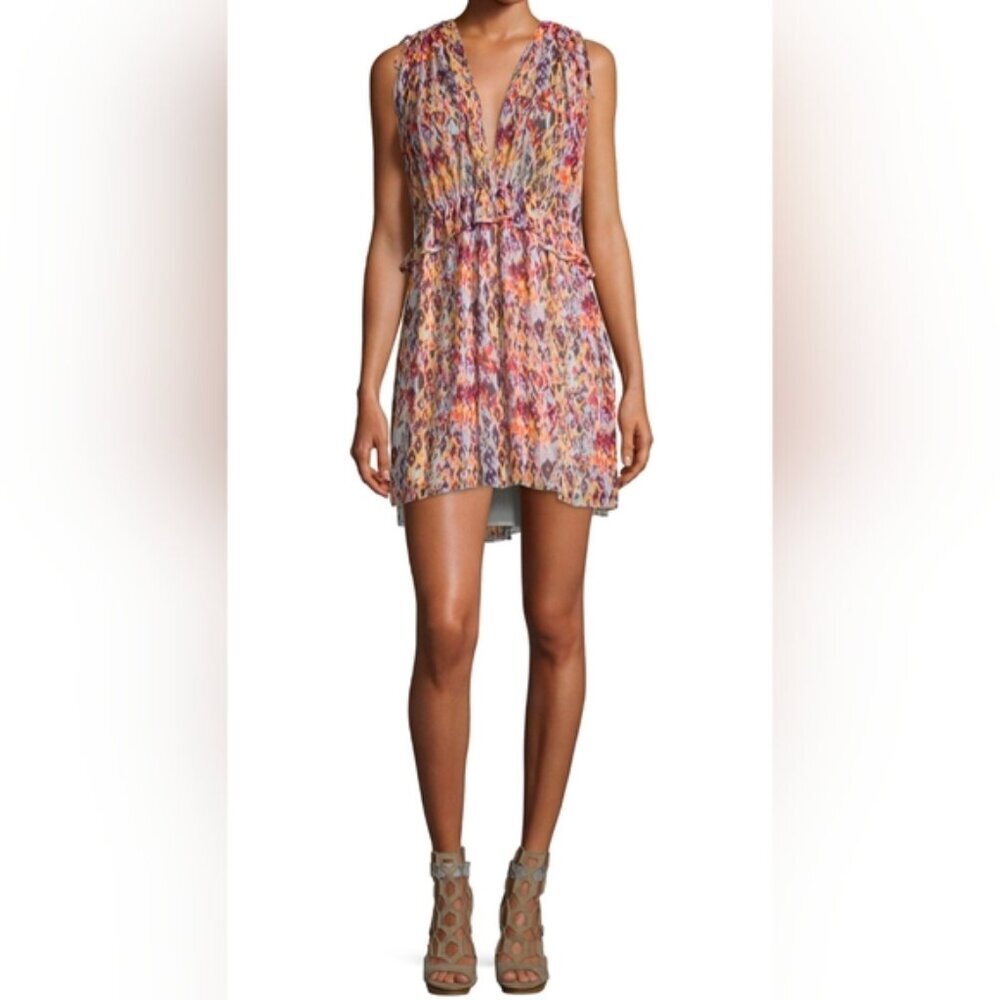 Iro Plum Sleeveless Mini Dress Watercolor Flowy Drawstring Vneck US Size 10